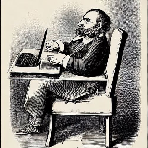 An AI image in the style of a 19th c woodcut depicts an old man at a desk. In front of him is a backward-facing laptop.